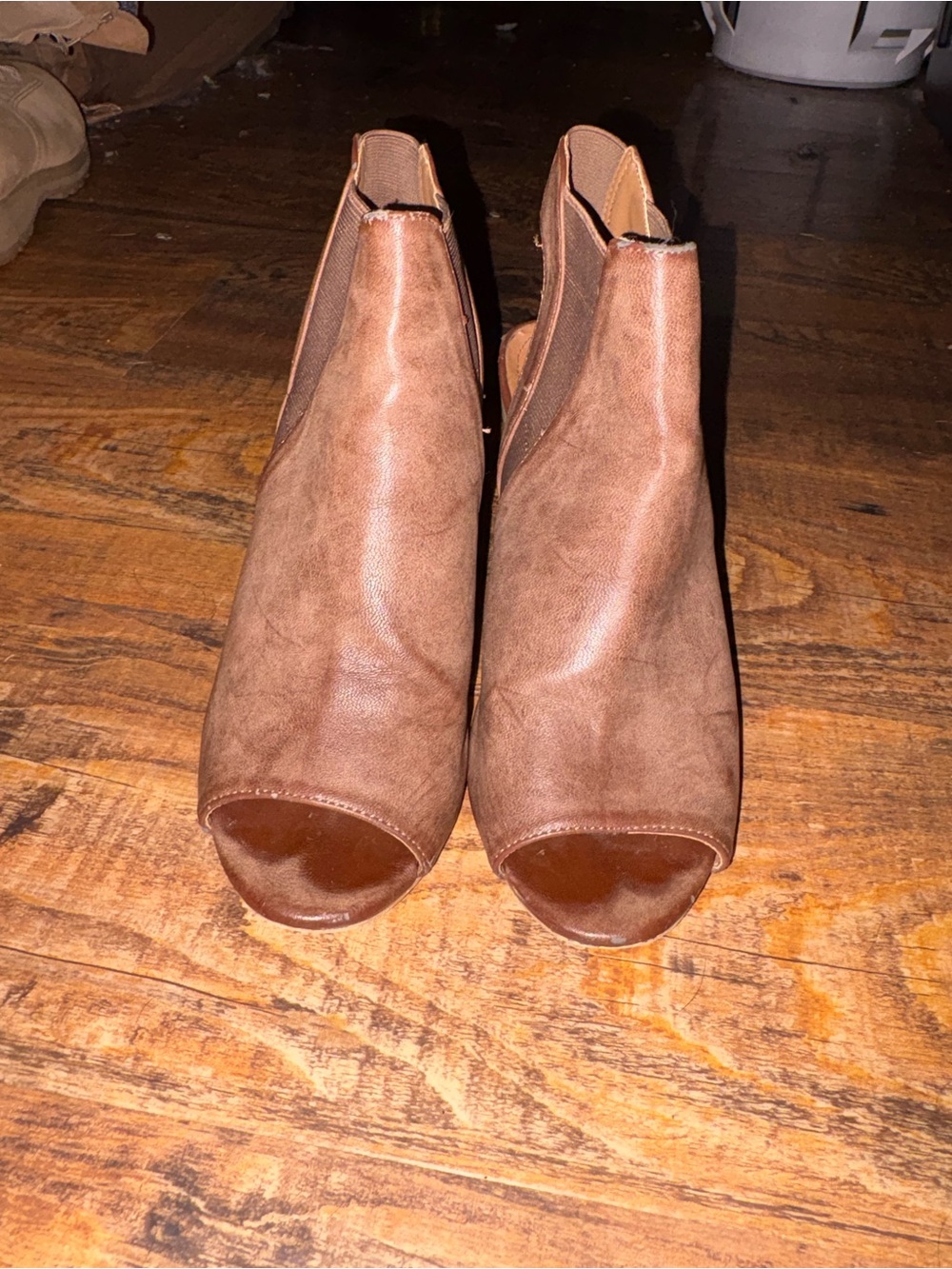 Peep-Toe Slip-On Mules in Brown